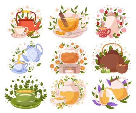 Set Of Herbal Tea Contains Various Natural Blends And Flavors, Ideal For Relaxation And Wellbeing, Made From Dried Herbs, Fruits And Spices, Healthy Refreshing Beverages. Cartoon Vector Illustration