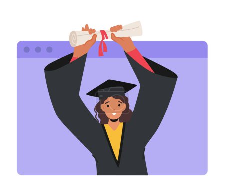 Ilustración de Personaje femenino Celebra la ceremonia de graduación en línea. Chica soltero en la pantalla del ordenador portátil durante la graduación virtual, el éxito, el logro, la educación y el aprendizaje remoto. Dibujos animados Gente Vector Ilustración - Imagen libre de derechos