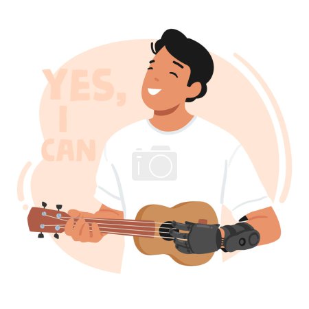 Illustration for Man Strums Ukulele With A Prosthetic Arm, Demonstrating The Limitless Potential Of Adaptive Technology In The Field Of Music. Disabled Male Character Lifestyle. Cartoon People Vector Illustration - Royalty Free Image