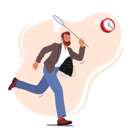 Illustration for Man Rushes To Catch Alarm Clock With Butterfly Net In Conceptual Art Depicting The Struggle Between People And Time. Male Character Chasing the Running Time. Cartoon People Vector Illustration - Royalty Free Image
