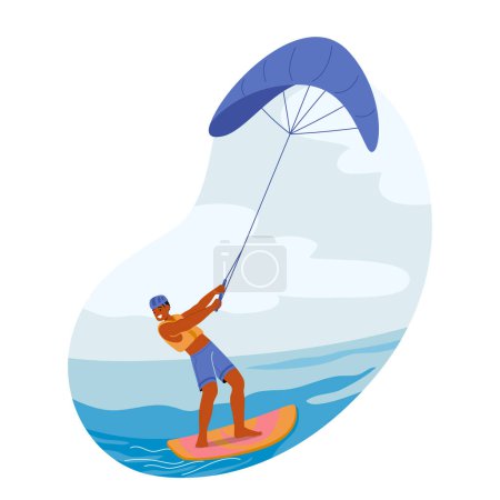 Illustration for Kite Surfer Male Character Riding The Waves, Skillfully Maneuvering On Water With A Kite Attached To Harness, Using Wind Power To Propel And Jump Through The Waves. Cartoon People Vector Illustration - Royalty Free Image