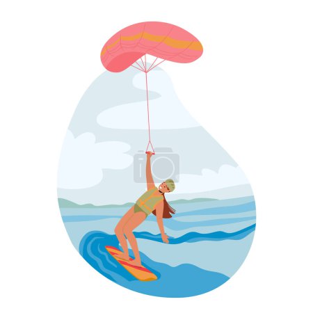 Ilustración de El personaje femenino que monta olas y viento, surfista cometa aprovecha una cometa para lanzarse al aire y maniobrar en el agua, realizando trucos y saltos con velocidad y habilidad. Dibujos animados Gente Vector Ilustración - Imagen libre de derechos