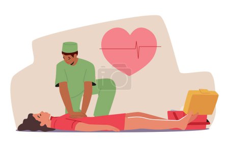 Illustration for Rescuer Character Doing Resuscitation, Chest Compressions To Restore Blood Flow And Oxygen To Body. Lifesaving Technique Used In Emergencies as Cardiac Arrest Or Drowning. Cartoon Vector Illustration - Royalty Free Image