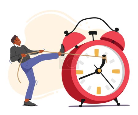 Illustration for Man Struggles To Reverse Direction Of Oversized Alarm Clock Arrows, Panicking As Time Runs Out. Male Character Trying to Back Time Pulling Arrows with Rope. Cartoon People Vector Illustration - Royalty Free Image
