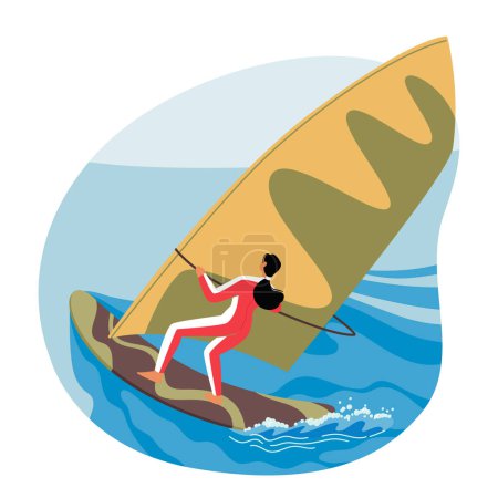 Illustration for Female Character Enjoying Wind Surfing Thrill, Maneuver On A Board With A Sail Attached To A Mast, Using Skills And Balance To Control Speed And Direction. Cartoon People Vector Illustration - Royalty Free Image