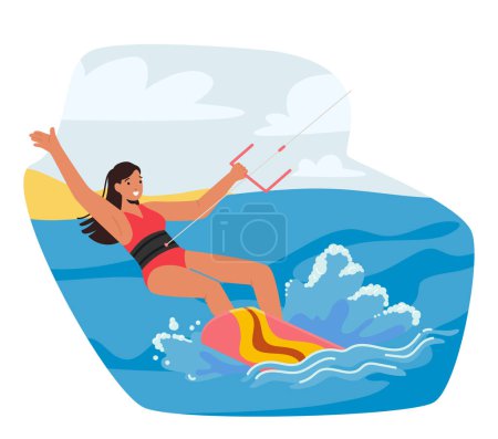 Ilustración de Personaje femenino Kite Surfing. Mujer usando cometa para aprovechar el viento, se desliza sobre las olas, realizando trucos y saltos, mostrando equilibrio y habilidad en el tablero. Dibujos animados Gente Vector Ilustración - Imagen libre de derechos