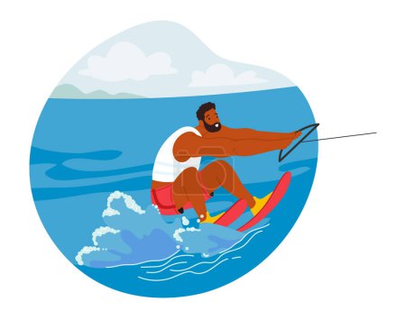 Illustration for Male Character Using Specialized Skis Moving Swiftly Through The Water, Carving Turns, Jumping Wakes And Catching Air, While Feeling The Thrill Of Speed. Cartoon People Vector Illustration - Royalty Free Image