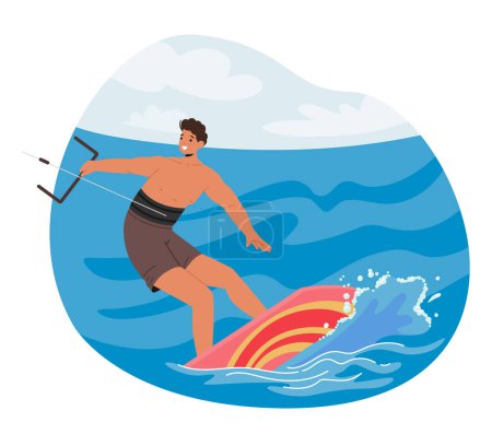 Ilustración de Sportsman Caracter Kite Surfeando en las olas del océano, hábilmente montando el viento y realizando maniobras acrobáticas, aprovechando el poder de la naturaleza para propulsar a través del agua. Ilustración de vectores de dibujos animados - Imagen libre de derechos