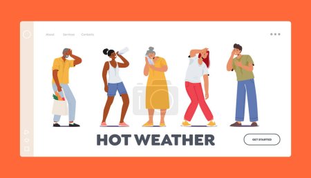 Illustration for Hot Weather Landing Page Template. Characters Suffer from Heat that Can Cause Dehydration, Exhaustion, And Heatstroke, Resulting In Fatigue, Dizziness, Nausea. Cartoon People Vector Illustration - Royalty Free Image
