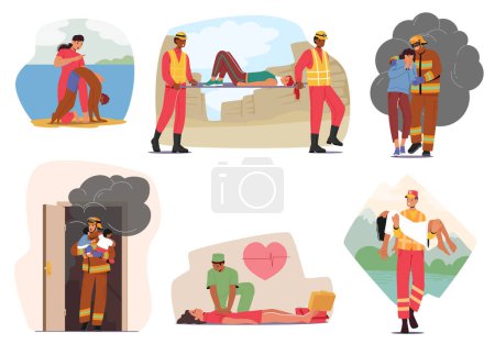 Set Rescue Service Is An Emergency Response That Provides Aid And Assistance To People Who Are In Need Of Urgent Help Due To Natural Disasters, Accidents, Or Situations. Cartoon Vector Illustration