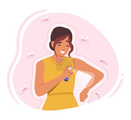 Frau sprüht Mückenschutzmittel, um Insekten abzuwehren und sie vor Stichen und möglichen Krankheiten zu schützen. Zufriedenes weibliches Wesen, geschützt vor Schädlingen im Freien. Cartoon People Vektor Illustration