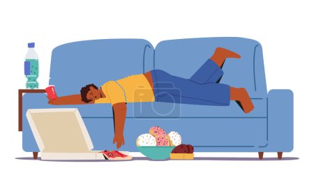 Illustration for Overindulgence In Fast Food Caused The Obese Man To Fall Into A Deep Sleep On The Couch, Character Stomach Bloated And Body Lethargic From The Excess Consumption. Cartoon People Vector Illustration - Royalty Free Image
