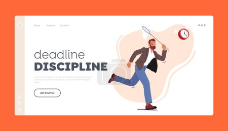 Illustration for Deadline Discipline Landing Page Template. Man Rushes To Catch Alarm Clock With Butterfly Net, Struggle Between People And Time. Character Chasing the Running Time. Cartoon People Vector Illustration - Royalty Free Image