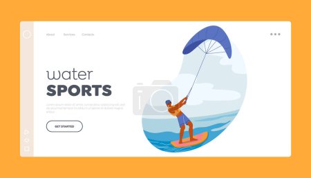 Ilustración de Plantilla de Landing Page para deportes acuáticos. Kite Surfer Hombre Carácter que monta las olas, hábilmente maniobrando en el agua con una cometa unida al arnés, utilizando la energía eólica. Dibujos animados Gente Vector Ilustración - Imagen libre de derechos