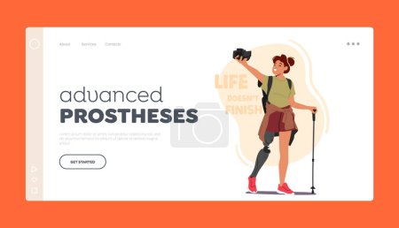Advanced Prostheses Landing Page Template. Woman Hiker With Leg Prosthesis. Inspiring Female Character Defying Limitations And Proving That Anything Is Possible. Cartoon People Vector Illustration