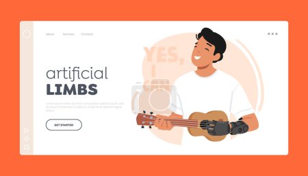 Illustration for Artificial Limbs Landing Page Template. Man Strums Ukulele With A Prosthetic Arm, Demonstrating The Limitless Potential Of Adaptive Technology In The Field Of Music. Cartoon People Vector Illustration - Royalty Free Image