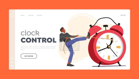 Illustration for Clock Control Landing Page Template. Man Struggles To Reverse Direction Of Oversized Alarm Clock Arrows, Panicking As Time Runs Out. Male Character Try to Back Time. Cartoon People Vector Illustration - Royalty Free Image