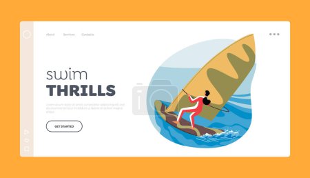 Illustration for Swim Thrill Landing Page Template. Female Character Enjoying Wind Surfing, Maneuver On A Board With A Sail Attached To A Mast, Using Balance To Control Speed. Cartoon People Vector Illustration - Royalty Free Image