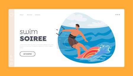 Ilustración de Swim Soiree Landing Page Template. Sportsman Character Kite Surfeando en las olas del océano, montando el viento y realizando maniobras acrobáticas, aprovechando el poder de la naturaleza. Ilustración de vectores de dibujos animados - Imagen libre de derechos