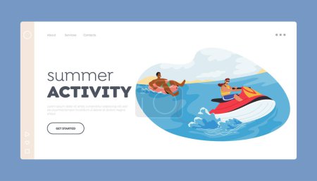 Illustration for Summer Activity Landing Page Template. Man Character Riding Water Tube, Soaring Over Waves, Feeling Rush Of Wind And Spray, Enjoying The Thrill Of Speed. Cartoon People Vector Illustration - Royalty Free Image