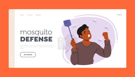 Mosquito Defense Landing Page Template. Mann mit Fliegenklatsche schlägt Mücke aggressiv in die Luft Männlicher Charakter, der mit Insekten kämpft und sich vor Stichen schützt. Cartoon People Vektor Illustration