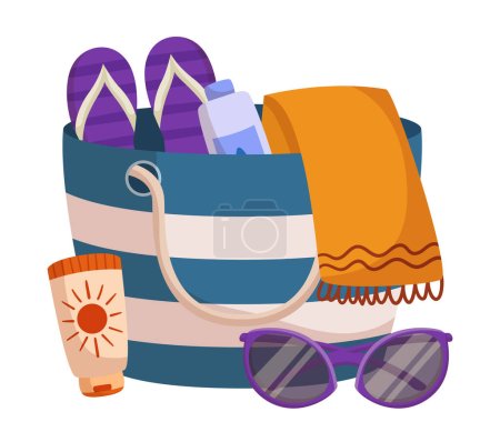 Illustration for Beach Bag, Spacious And Sturdy Accessory For All Your Seaside Essentials such as Towel, Flip-flops, Sunglasses, Sunscreen. Featuring Striped Pattern And Easy Organization. Cartoon Vector Illustration - Royalty Free Image