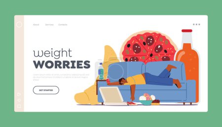 Illustration for Weight Worries Landing Page Template. Obese Male Character Fall Asleep after Eating Much Fast Food. His Stomach Bloated And Body Lethargic From Fat Unhealthy Meals. Cartoon People Vector Illustration - Royalty Free Image