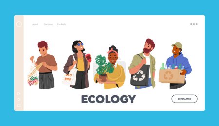 Illustration for Ecology Landing Page Template. Characters Living Green, Minimizing Waste, Using Renewable Resources, Adopting Sustainable Practices To Create Eco-friendly Lifestyle. Cartoon People Vector Illustration - Royalty Free Image