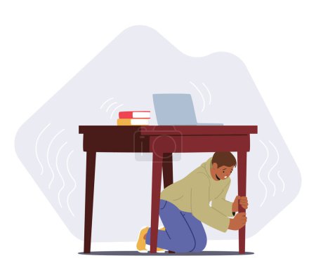 Fearful Man Hides Under Table For Safety During Earthquake. Male Character Seeking Protection From Collapsing Surroundings And Potential Falling Debris. Cartoon People Vector Illustration