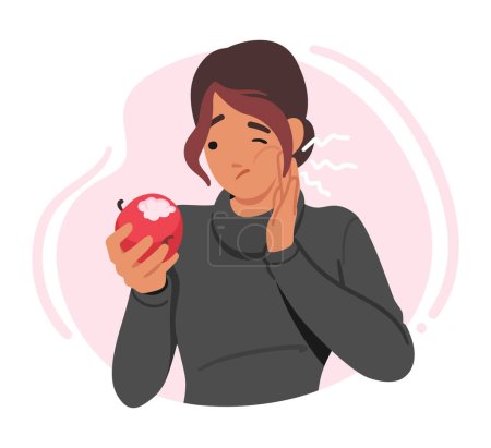 Illustration for Female Character Grimacing With A Hand On Her Cheek, Holding An Apple. Woman Expressing Pain From Toothache, Seeking Relief and Need for Dentistry Treatment. Cartoon People Vector Illustration - Royalty Free Image