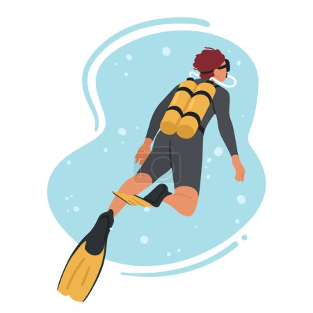Illustration for Skilled Diver Male Character Exploring Underwater Realms, Discovering Marine Life, Encountering Breathtaking Reefs, And Embarking On Thrilling Ocean Adventures. Cartoon People Vector Illustration - Royalty Free Image