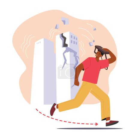 Illustration for Fear-stricken Man Flees Shattered Building Amidst Earthquake Chaos. Desperate Character Navigates Debris-laden Streets Seeking Safety Amidst Crumbling Surroundings. Cartoon People Vector Illustration - Royalty Free Image