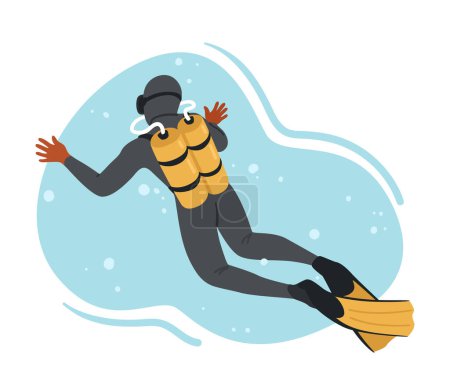 Illustration for Diver Character Explore The Depths Of The Ocean, Equipped With Specialized Gear, Venture Into The Underwater World For Scientific Research, Exploration, Recreation. Cartoon People Vector Illustration - Royalty Free Image