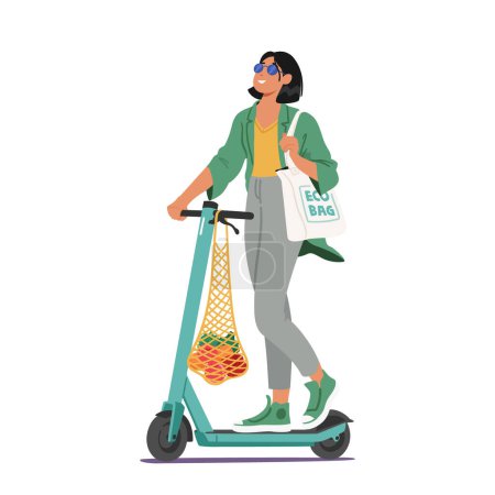 Illustration for Woman With Eco Bag on Shoulder Using Eco-friendly Transport. Female Character Reducing Carbon Footprint And Promoting Sustainable Living Isolated White Background. Cartoon People Vector Illustration - Royalty Free Image