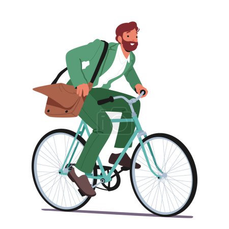 Concepto ecológico de elección de transporte. El ciclismo del hombre, la reducción de las emisiones de carbono, la promoción de la sostenibilidad y mantenerse en forma. Carácter masculino montar en bicicleta. Dibujos animados Gente Vector Ilustración