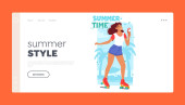 Summer Style Landing Page Template. Happy Woman Rollerblading at Beach With Ice Cream. Female Character Enjoying A Refreshing Treat While Gliding Along The Pavement. Cartoon People Vector Illustration Poster #656796722