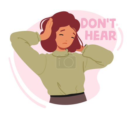 Upset Little Girl Dont Want To Hear And Listen. Frustrated Annoyed Irritated Child Covering Ears And Gesturing No, Avoiding Advice, Ignoring Unpleasant Noise, Loud Voices. Cartoon Vector Illustration