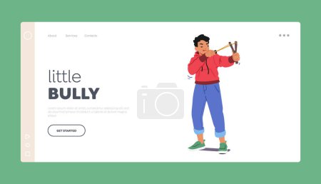Illustration for Little Bully Landing Page Template. Mischievous Boy Wreaking Havoc With Slingshot, Causing Mischief And Chaos With His Unruly Antics. Character Shooting Objects. Cartoon People Vector Illustration - Royalty Free Image
