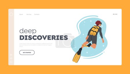 Illustration for Deep Discoveries Landing Page Template. Skilled Diver Male Character Exploring Underwater Realms, Discovering Marine Life, Reefs, And Embarking On Ocean Adventures. Cartoon People Vector Illustration - Royalty Free Image