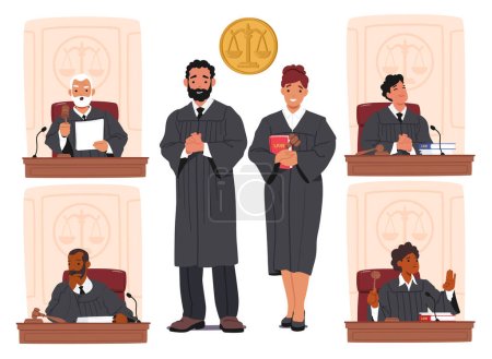Judges Male and Female Characters In Court. Impartial Legal Authorities Who Interpret Laws, Administer Justice, Make Decisions, Maintain Order, Ensure Fairness, Cartoon People Vector Illustration