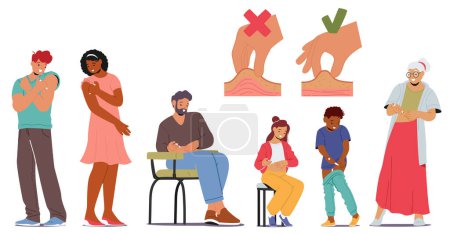 Illustration for Characters Administering Insulin Injections. People Insert Needle Into The Fatty Tissue Of The Skin, Deliver Insulin Into The Bloodstream To Regulate Blood Sugar Levels. Cartoon Vector Illustration - Royalty Free Image