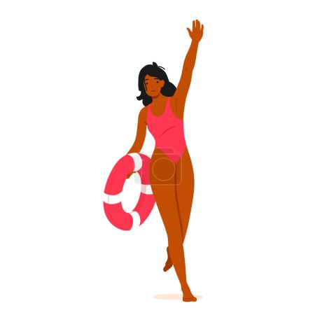 Illustration for Woman Lifeguard Character, Confident And Vigilant, Holds A Lifebuoy In Hand, Ready To Rescue. Her Presence Brings Assurance And Safety To The Beach Or Pool Area. Cartoon People Vector Illustration - Royalty Free Image