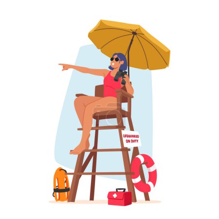 Illustration for Vigilant Lifeguard Woman Character On Tower, Equipped With Binoculars, Ensures Safety And Scans The Surroundings For Potential Dangers At The Beach Or Pool. Cartoon People Vector Illustration - Royalty Free Image