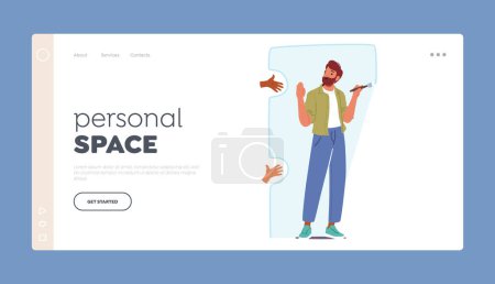 Illustration for Personal Space Landing Page Template. Man Drawing Protective Border Around Himself, Creating A Boundary Of Safety And Solitude, Male Character Escape Crowd. Cartoon Vector Illustration - Royalty Free Image