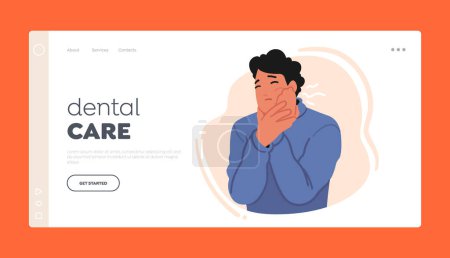 Illustration for Dental Care Landing Page Template. Male Character Experience Sharp Throbbing Pain In Tooth, Accompanied By Sensitivity And Swelling, Indicating Infection Or Decay. Cartoon People Vector Illustration - Royalty Free Image