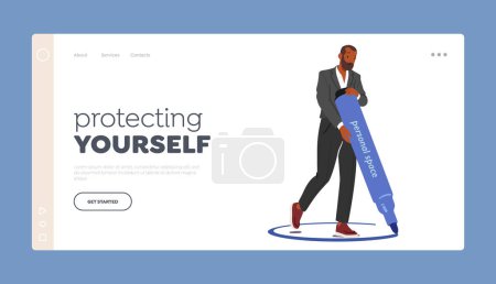 Protecting Yourself Landing Page Template. Man Drawing Circle Around Himself Creating Personal Boundary, Asserting Presence, Delineating Space, Demonstrates Control. Cartoon People Vector Illustration