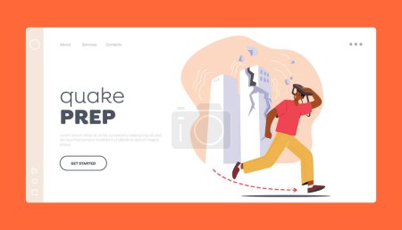 Illustration for Quake Prep Landing Page Template. Fear-stricken Man Flees Shattered Building Amidst Earthquake Chaos. Desperate Male Navigates Debris-laden Streets Seeking Safety. Cartoon People Vector Illustration - Royalty Free Image