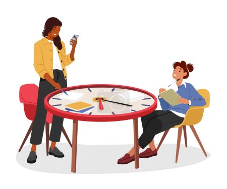 Gestión eficiente del tiempo. Personajes de las mujeres sentados en la mesa del reloj gigante, multitarea con Smartphone y papeles, equilibrando las prioridades y maximizando la productividad. Dibujos animados Gente Vector Ilustración