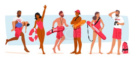 Illustration for Vigilant Lifeguard Characters Patrolling Sandy Shores, Ensuring Safety For Beachgoers, Watching For Potential Dangers, And Responding Swiftly In Emergencies. Cartoon People Vector Illustration - Royalty Free Image