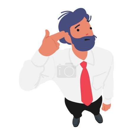 Illustration for Adult Business Man Looking Up, Committing Suicide With Finger Gun Gesture, Shooting Himself In Head Making Finger Pistol Sign, Tired Male Character Top View. Cartoon People Vector Illustration - Royalty Free Image